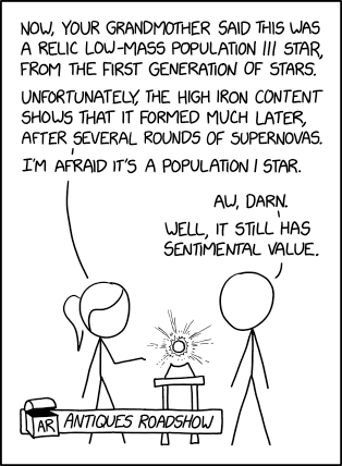 xkcd 3281: Antiques Roadshow — 家族传说这东西从恒星形成气体云中弹出来的，但更可能是我曾祖父母在银河薄盘度假时买的